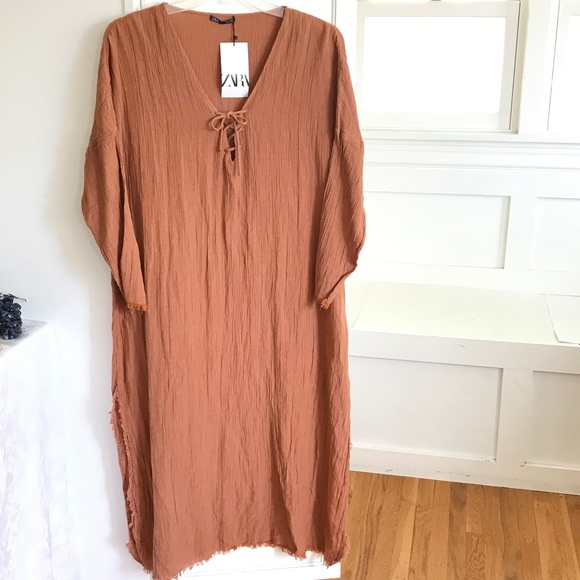 ZARA Dress Kaftan Coverup Lace Up Tie V Neck Frayed Hem Terra-Cotta Size Large - Picture 1 of 16